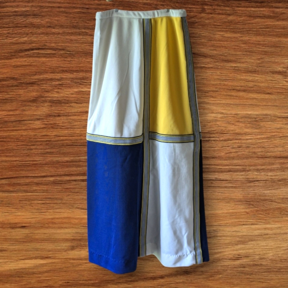 Vintage Skirt Paddle & Saddle Long Geometric Yellow Navy White Stripes Mod Retro